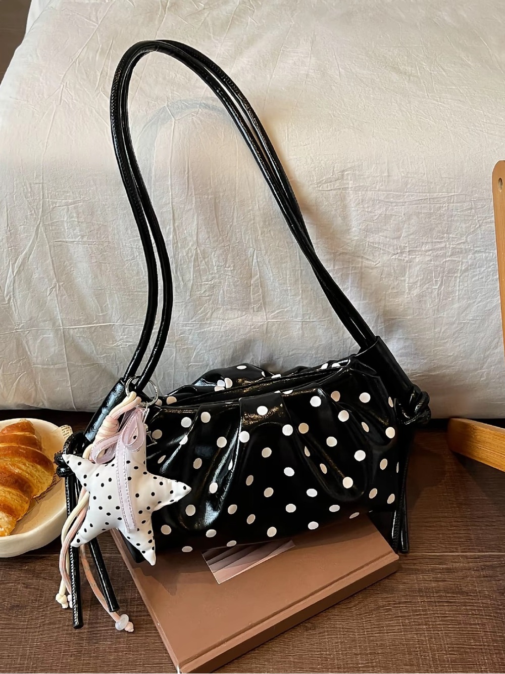 Vintage Black Polka Dot Shoulder Bag with Star Charm